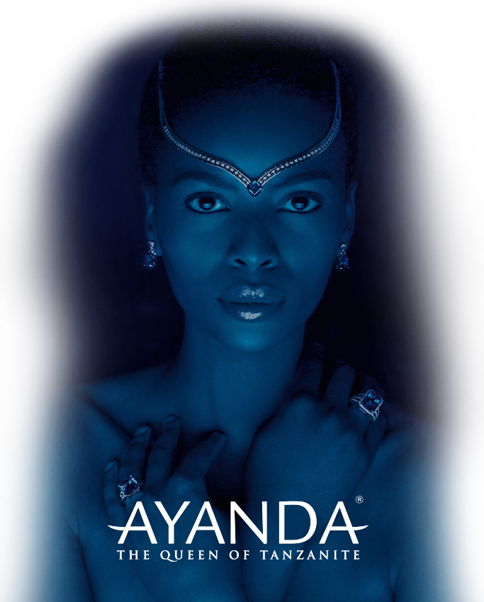 Ayanda The Queen of Tanzanite model, with Tanzanite jewelry, featuring Tanzanite rings, earrings and a Tanzanite pendent.
