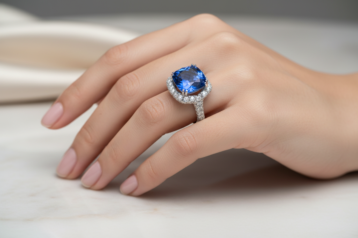 Cushion Halo Ring on Model's Hand