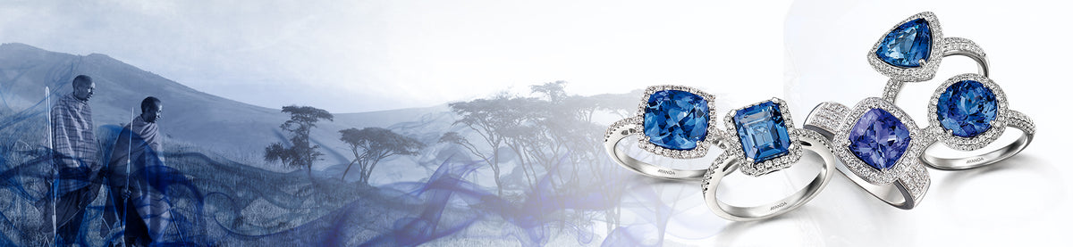 Tanzania landscape with traditional Tanzanians men, with various Tanzanite rings