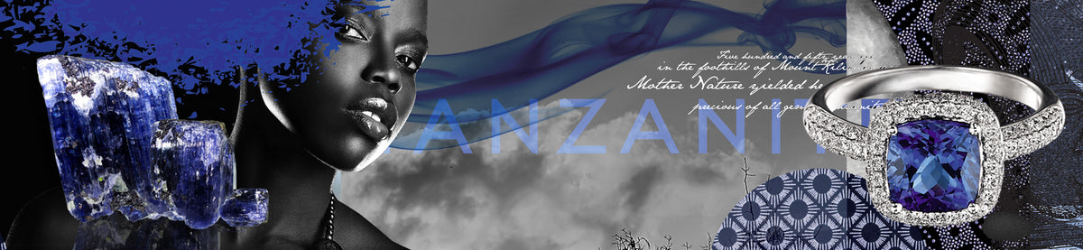 Advertisement for Tanzanite jewelry with the Ayanda model and a Tanzanite rough and a Ayanda Tanzanite ring