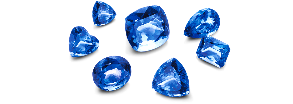 A collection of different polished Tanzanite gem cuts,
