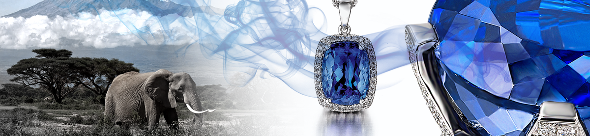 Tanzania background with a Aynada Tanzanite pendant and a zoomed in Aynada Tanzanite ring.