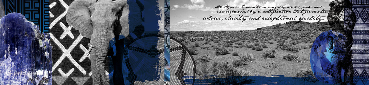 Collage of an elephant, desert landscape, and abstract patterns with text with an uncut Tanzanite gem stone