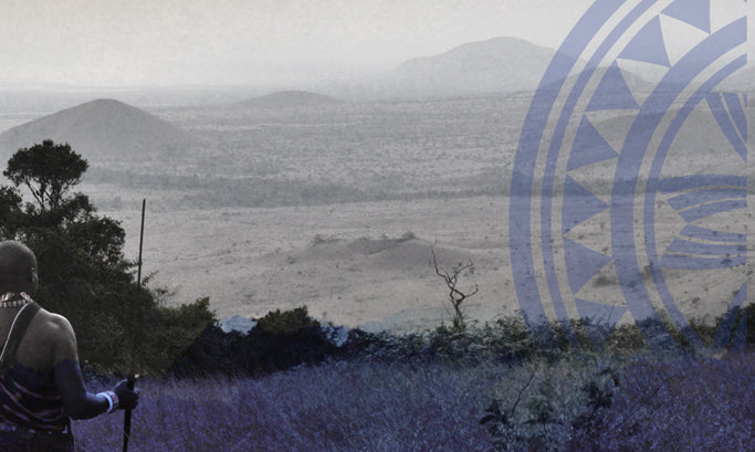 Person with bow and arrow standing in a field with mountains in the background, overlayed with a blue circular design.