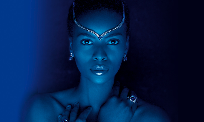 Ayanda Model with Tanzanite jewelry, Tanzanite rings, Tanzanite Earrings and a Tanzanite Pendant.  