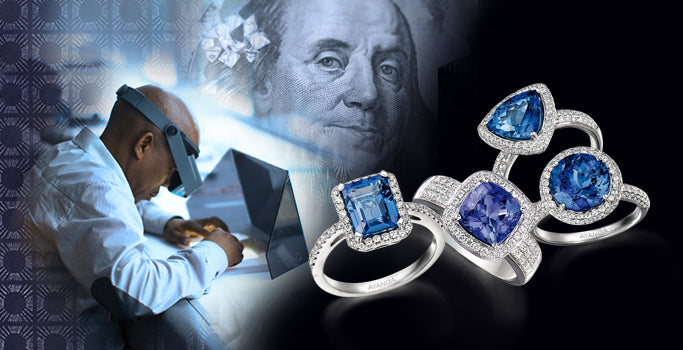 Ayanda Tanzanite jewelry  on a dark background, with a Ayanda jewelry maker in the back ground. 