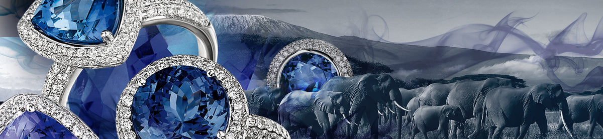 Ayanda Tanzanite rings in white gold against the Tanzanian mountain and elephant background