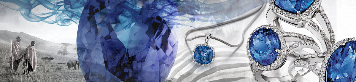 Tanzania landscape with traditional Tanzanians men, with various Tanzanite rings and a Tanzanite Pendant